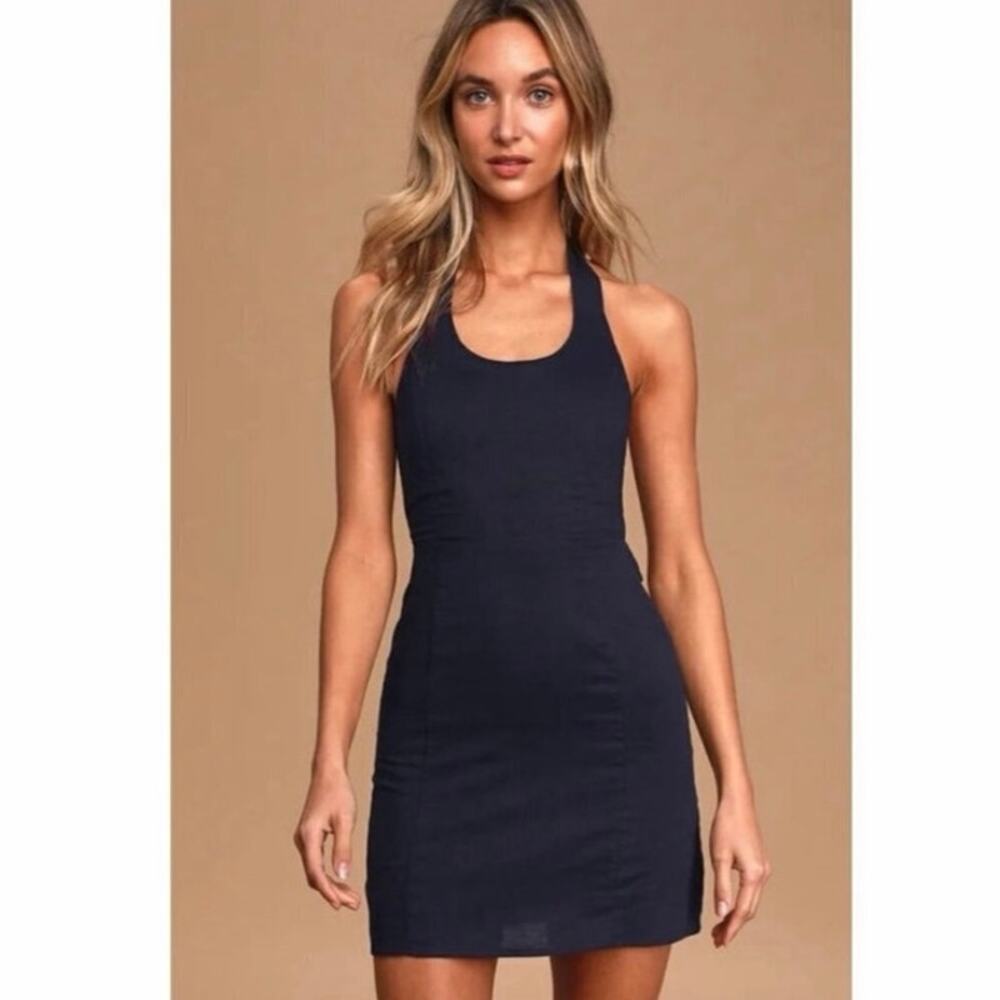 Charlie Holiday Ivy Navy Linen Blend Backless Halter Mini Dress 4